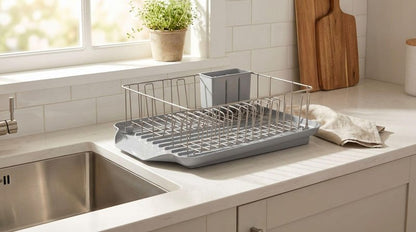 Farberware Classic 3-Piece Dish Drying Rack Set for Kitchen Counter, Gray - Rust-Resistant Wires, Self-Draining Board, Flatware Caddy, Non-Slip Feet