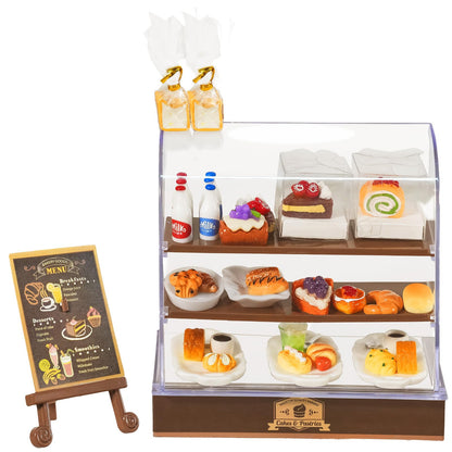 92 Pcs Miniature Bakery Case Cake Stand Cabinet with Mini Foods Set Miniature Food Cake Bread Dessert Milk Donuts for 1:12 Scale Mini Bakery Bread Shop Scene Models Mini House Kitchen Accessory