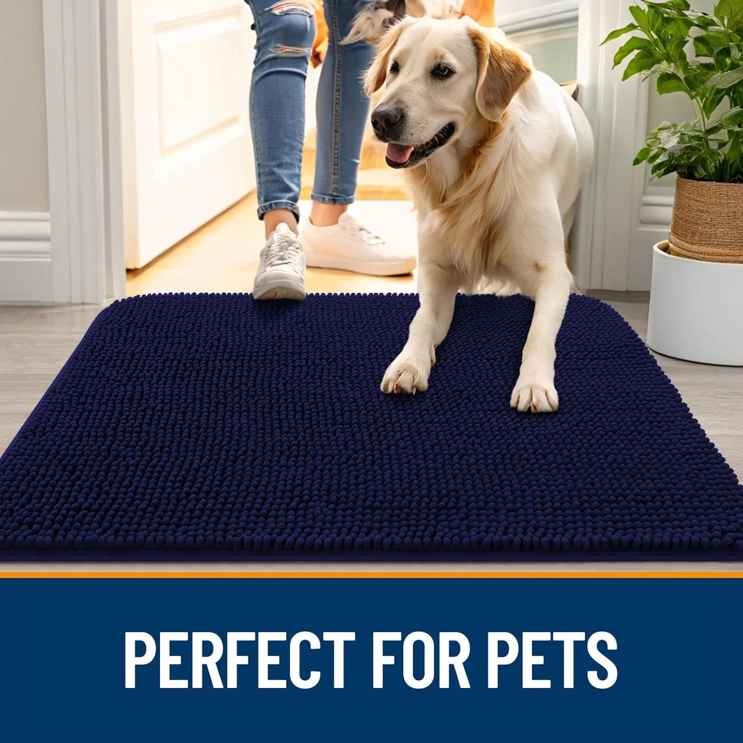 OLANLY Dog Door Mat - Absorbent Non-Slip Washable Chenille Mat for Muddy Paws | 59x35, Navy Blue