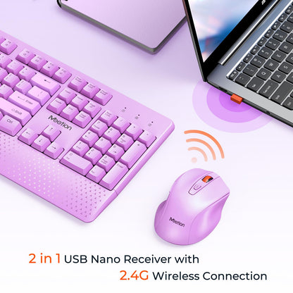 MEETION Wireless Keyboard and Mouse, Full-Sized Cordless Keyboard with Wrist Rest and 3 DPI Adjustable Mouse, 2.4G Wireless, Purple, for PC/Computer/Laptop/Windows/Mac