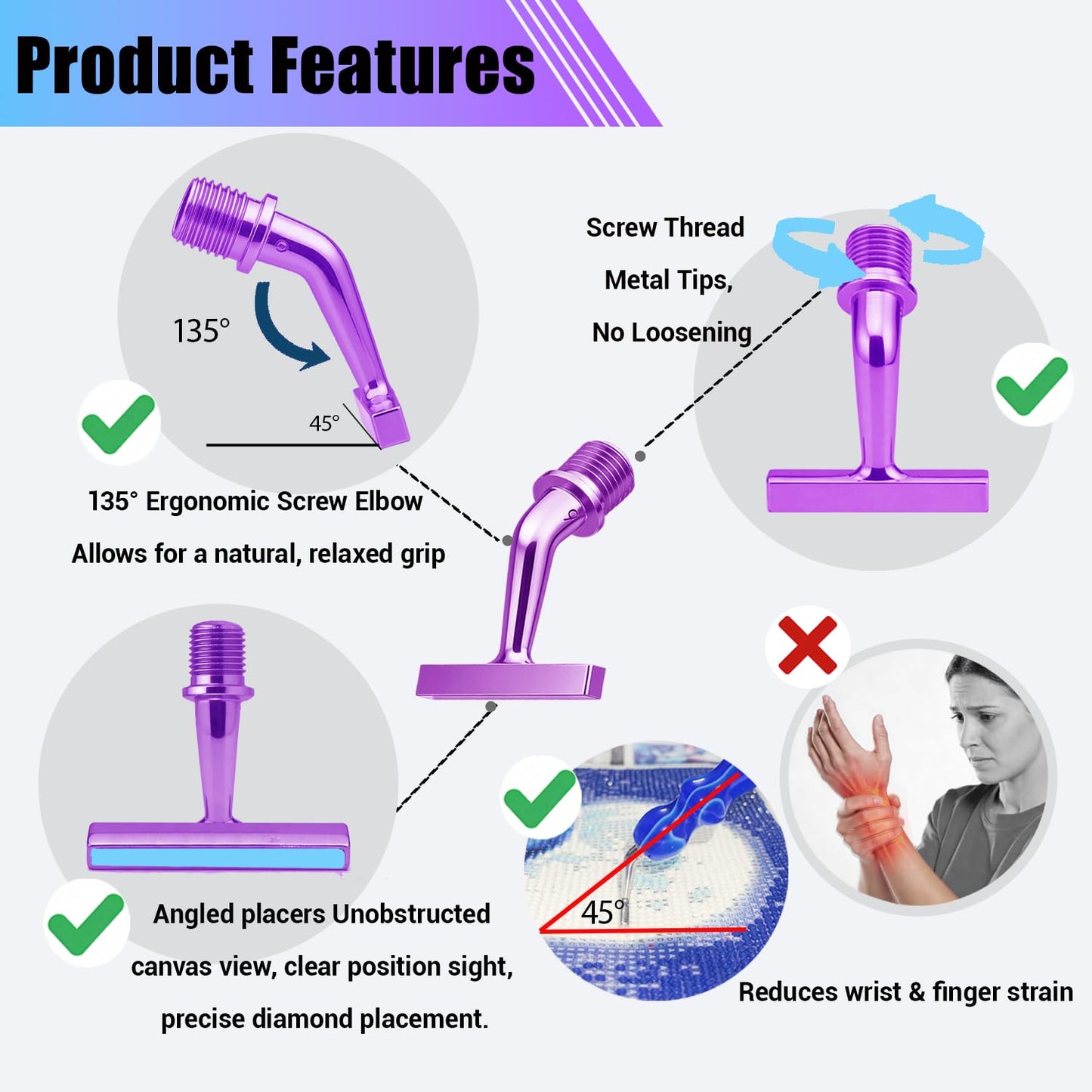 Diamond Art Pens Tool Diamond Painting Pen with 135° Ergonomic Screw Elbow Steel Metal Tip Nibs Roller Angled Placers Accessories Kits Drill Bead Dot Pens for Art Craft Nail Easy to Use