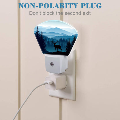 Uiaoiais Blue Misty Mountains Plug in Night Lights, Deer Nightlight Plug Into Wall Dusk to Dawn Sensor for Kid Girls Boys Women Men Bedroom, Hallway, Kitchen, Bathroom, Stairs Decor