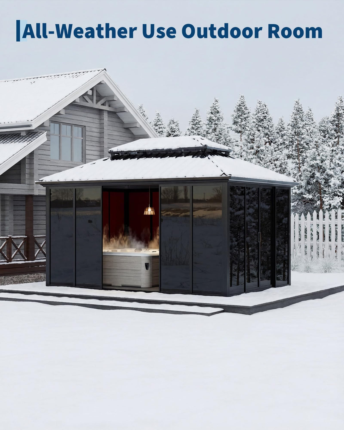 10x14ft Heavy Duty Outdoor Pavilion with Metal Frame, Permanent Solarium Sunroom Kit with PC Windows, Fully Sealed Screen Houses for Backyard, for Patio Winter Garden