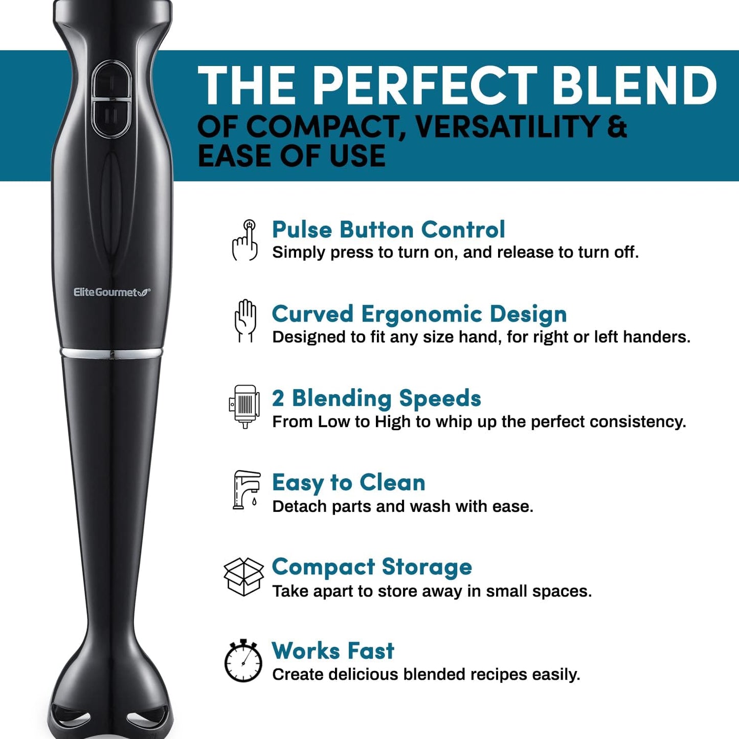 Elite Gourmet EHB1023 Immersion Hand Blender, 300 Watts, 2 Speed Mixing with Detachable Blades, Black