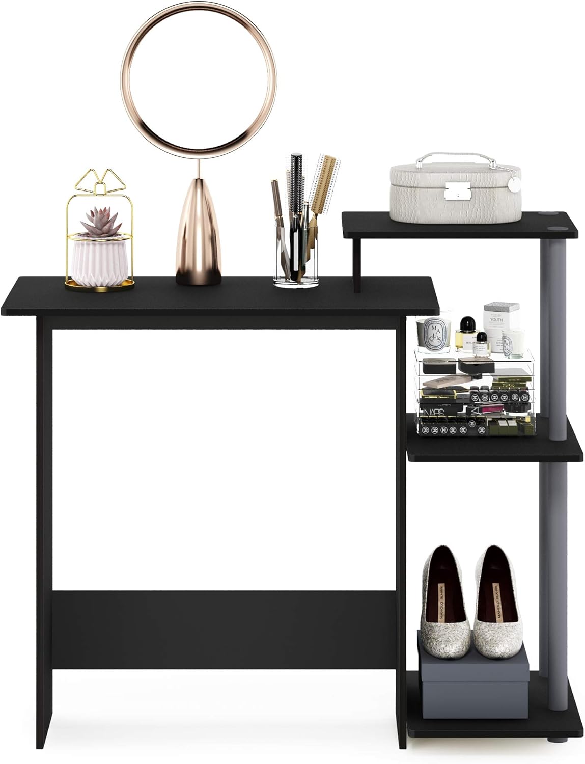 Furinno Efficient Home Laptop Computer Desk with Square Shelves, Solid Black/Grey Design