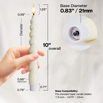 West Ivory Full Twisted Spiral Flameless LED Taper Candles – Ivory, Set of 6 – 2/4/6/8-Hr Timer (24-Hr Memory), Remote, Dimmable, Bottom On/Off Button, Flicker/Steady, Battery Operated