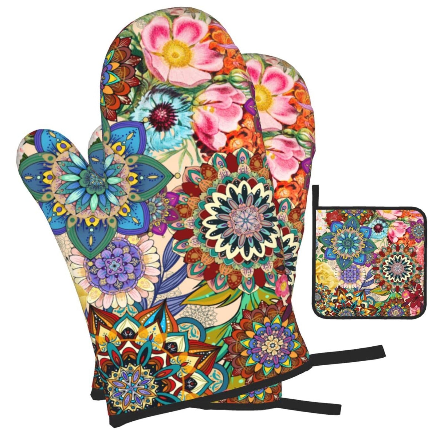 Boho Floral Oven Mitts and Pot Holders Sets, Heat Resistant Colorful Kitchen Gloves Hot Pads, Cute Baker Stuff, Chef Cooking Baking Gifts for Women Bakers, Kitchen Gifts for Cooking Lover Cooks Mom