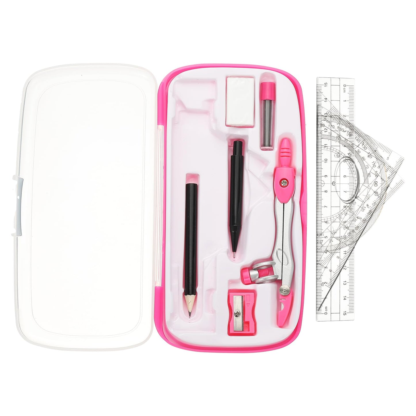 PATIKIL Geometry Precision Tool Set, 11 Pcs Geometry Set Compass Tool with Shatterproof Storage Box Rulers Math Compass Kit for Math Drafting Supplies, Rose Red(Style 2)