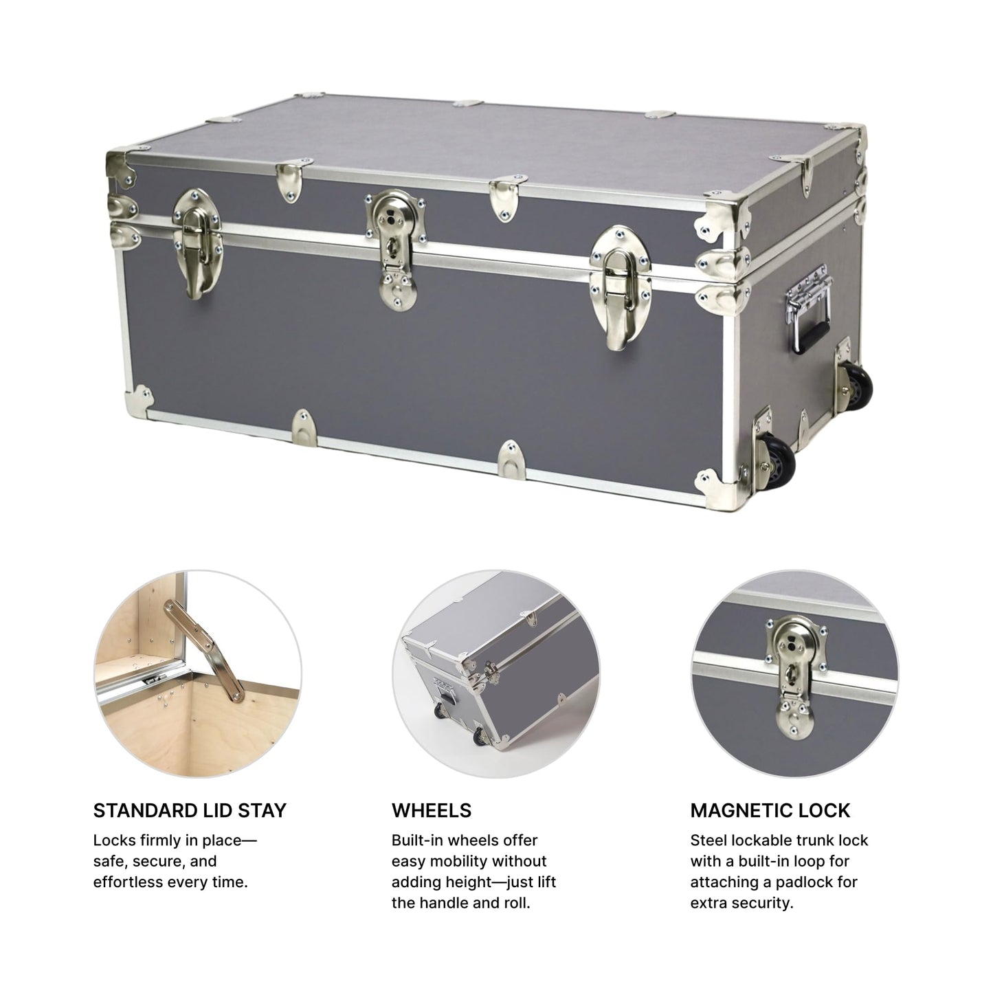 Rhino Trunk & Case Small Essential Trunk With Wheels, Tray, & Lid Organizer - 30"x17"x13", 1000+ lbs Capacity. Strong, USA Made Summer Camp Footlocker, and Secure College Dorm Storage Chest