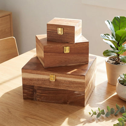 Novabright 3 Pack Wooden Keepsake Box, 3 Size Handmade Decorative Treasure Chest Box, Gift Ideas for Men & Women Jewelry Rings Storage(Brown,Acacia,Simple)