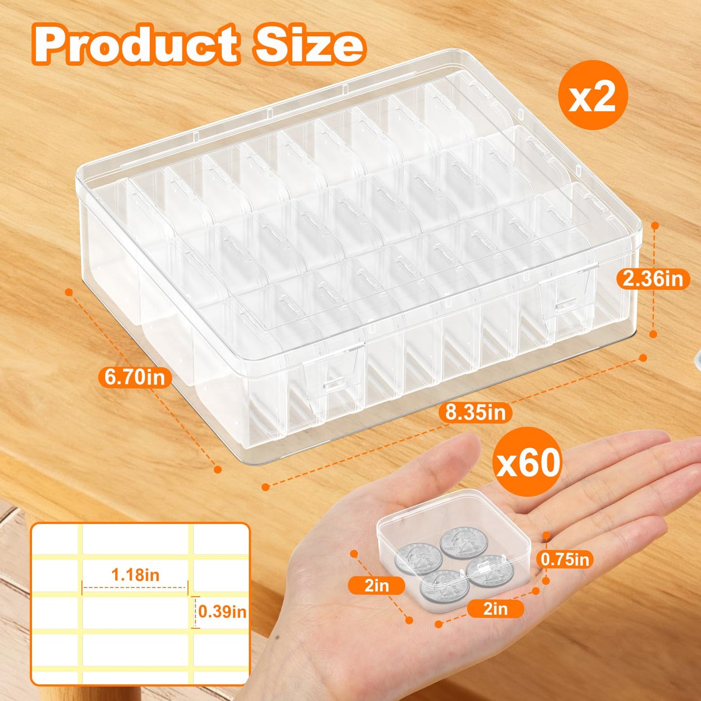 Profasion 2 Pack 60 Pcs Bead Organizer Box, Clear Plastic Storage Containers Features Hinged Lid and Labels, Craft Storage Box for Jewelry, Diamonds, Clay Beads, Bracelets, Screws, Seeds, Small Parts