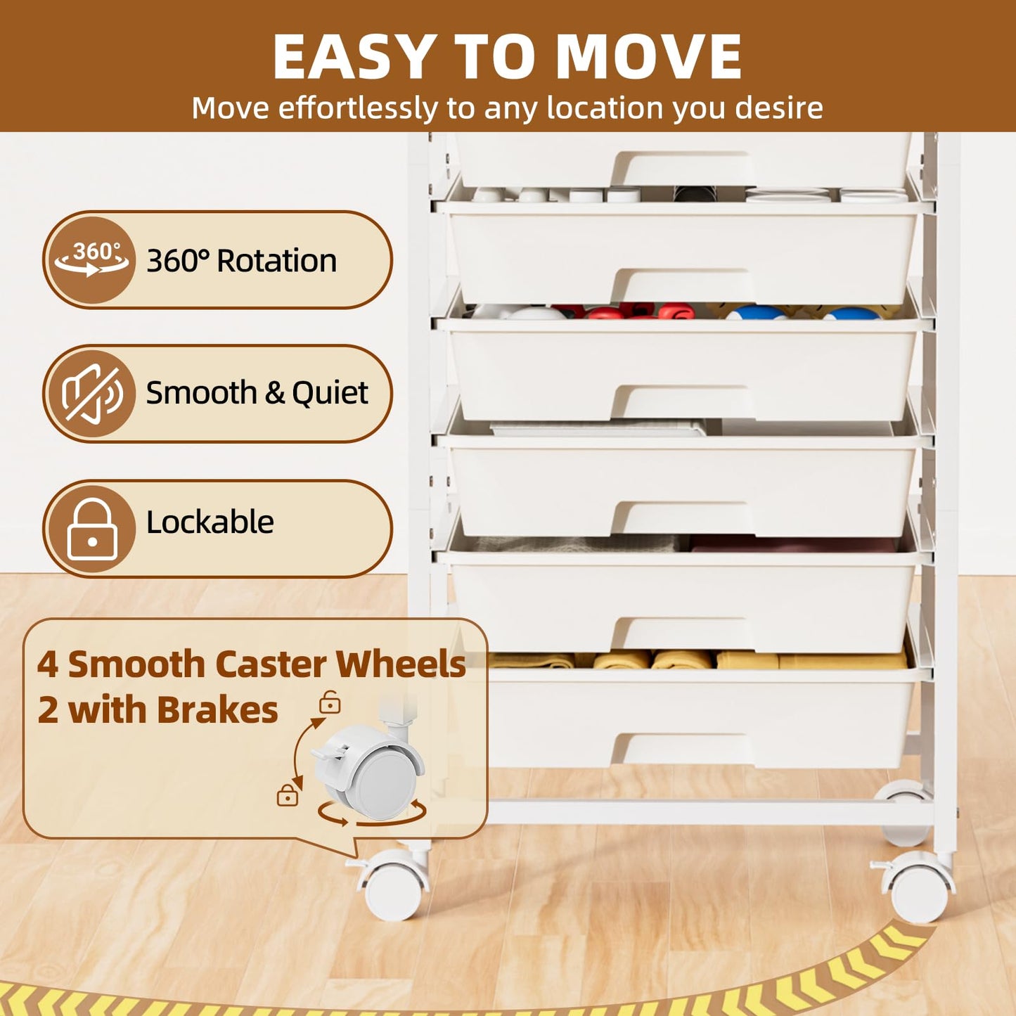 OUKMIC Rolling Storage Cart with 8 Drawers, Utility Cart with Wooden Tabletop and Lockable Wheels, Movable Craft Cart, Craft Storage Organizer for Living Room, Bedroom, Classroom, Office, White