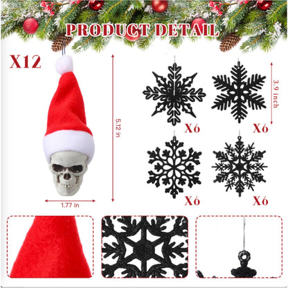 Hestya 36 Pcs Gothic Christmas Tree Ornament Mini 3D Christmas Skull with Santa Hat Hanging Ornaments Black Snowflakes Xmas Tree Hanging Decoration for Xmas Holiday Party Supplies, 1.77 x 5.1 Inch