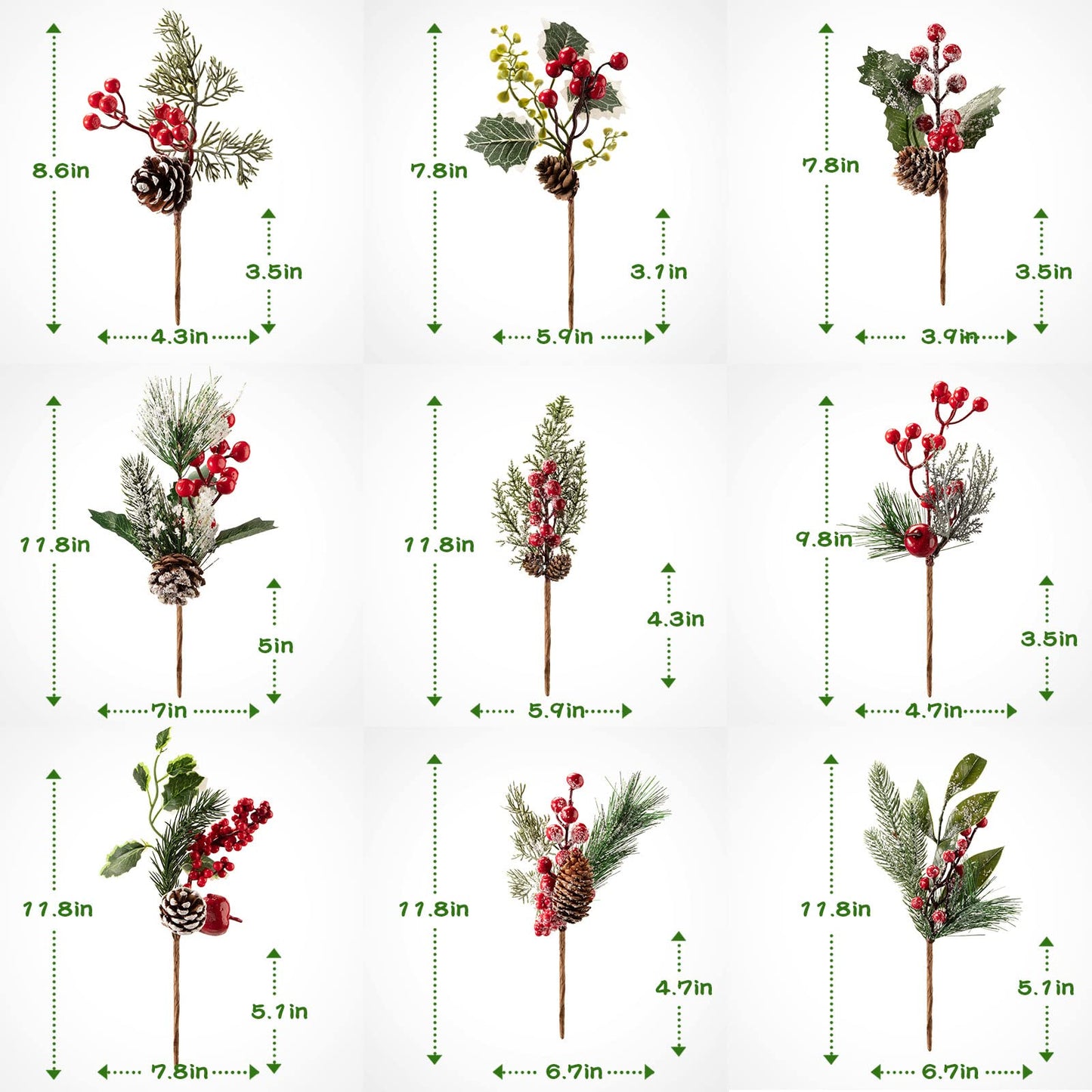 Yunsailing 37 Pcs Artificial Christmas Tree Picks Faux Cedar Holly Pine Stems with Red Berries Christmas Tree Picks Decorations for Xmas Winter Holiday DIY Crafts Wreath(Classic)
