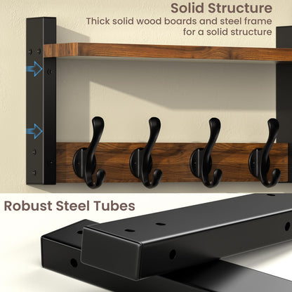 29'' Rustic Coat Rack Wall Mount with Shelf, Solid Wood Coat and Key Hanger with 11 Metal Hooks, Farmhouse Wall Organizer for Mail, Entryway Wall Hangers for Hats, Clothes, Backpacks, Mudroom
