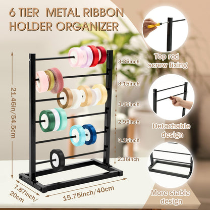 Menkxi 6 Tier Metal Ribbon Holder Organizer Rack Ribbon Rack Display Shelf Spool Holder Storage Organizer for Sewing Craft Thread Tape Wreath Crochet Roll Flower Store Wrapping Gift(Black)