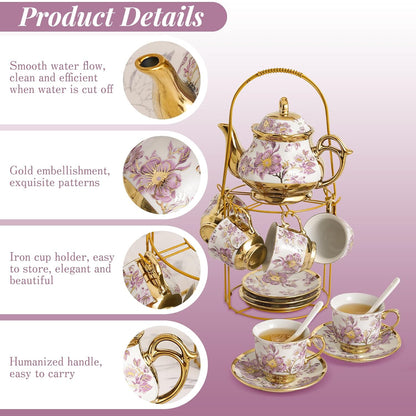 20 Set Sets Set Set Pcs Porcelain Tea with Metal Holder European Flower Tea for Adults, Ceramic Tea Party European
