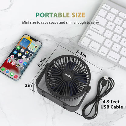 FARADAY USB Desk Fans, 5 Inches Portable Table Fans with 360° Head Rotation for Home Office, 3 Speeds, Black