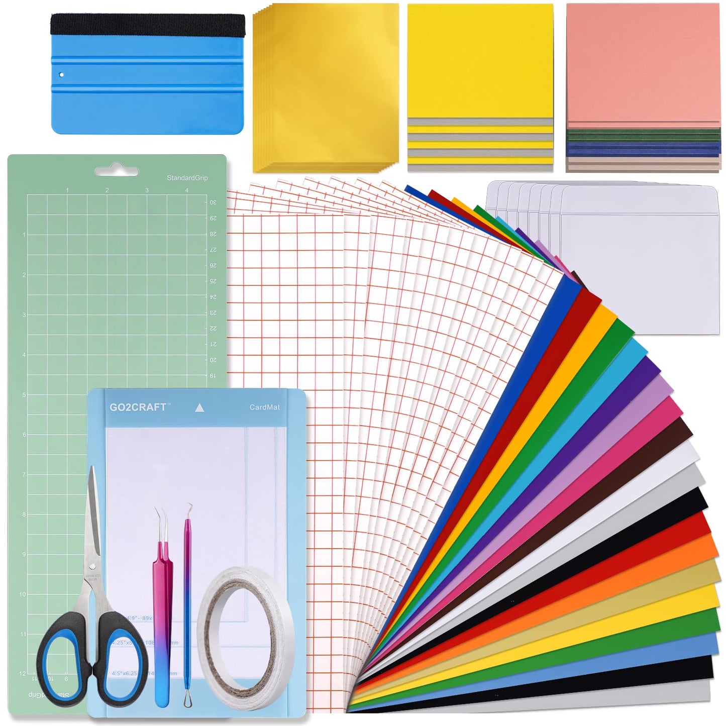 GO2CRAFT Accessories Bundle, 70Pcs Ultimate Accessories and Supplies with Adhesive Vinyl Sheets, Folded Card Stock, Card Mat, Weeding Tools, Crafting Starter Kit