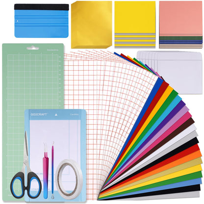 GO2CRAFT Accessories Bundle, 70Pcs Ultimate Accessories and Supplies with Adhesive Vinyl Sheets, Folded Card Stock, Card Mat, Weeding Tools, Crafting Starter Kit