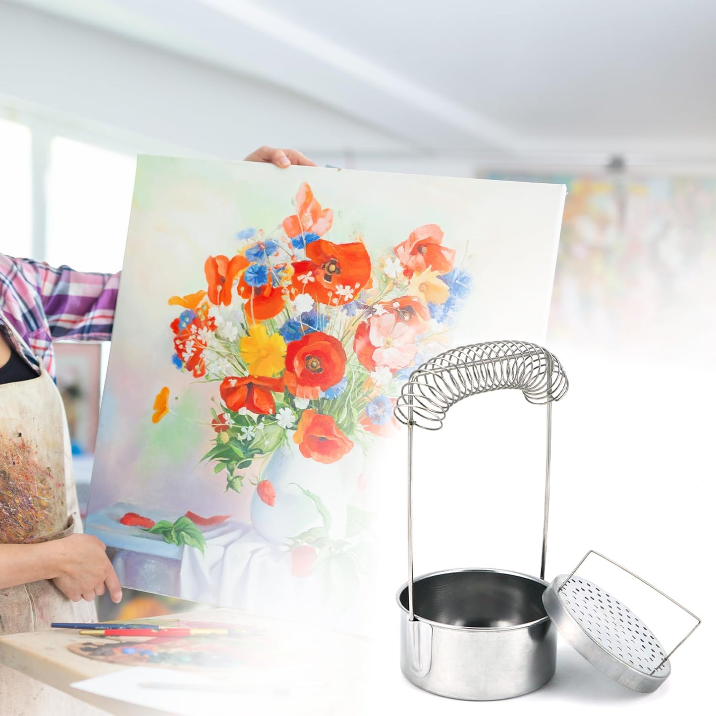 QWORK Portable Artist Brush Washer with Removable Screen, Stainless Steel Paint Brush Cleaner Tank & Spring Holder for Water, Oil, Acrylic Paints, Ideal for Artists, Students & Travelers