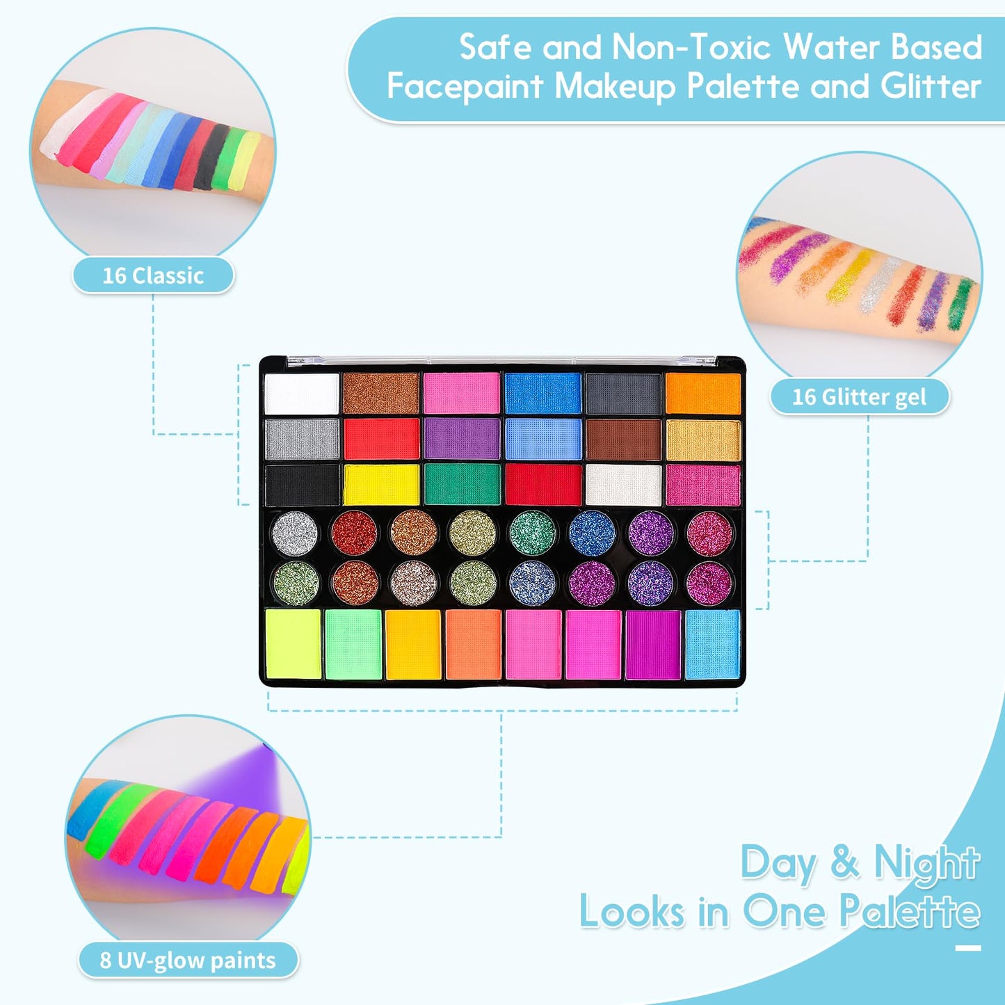 Pintada 42 Color Face Painting Kit for Party - Non Toxic Water Activated Face Paint Palette With Stencils, Brush, Gems. For Carnival, Halloween, Costume Makeup and Festivals & Events