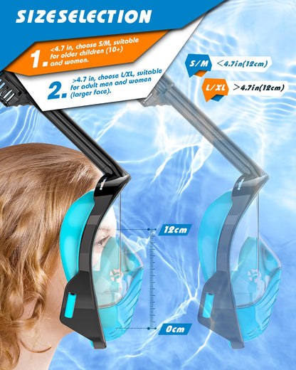 QingSong Full Face Snorkel Mask for Adults, Snorkeling Gear with Camera Mount, 180 Degree Panoramic View Snorkel Set Anti-Fog Anti-Leak