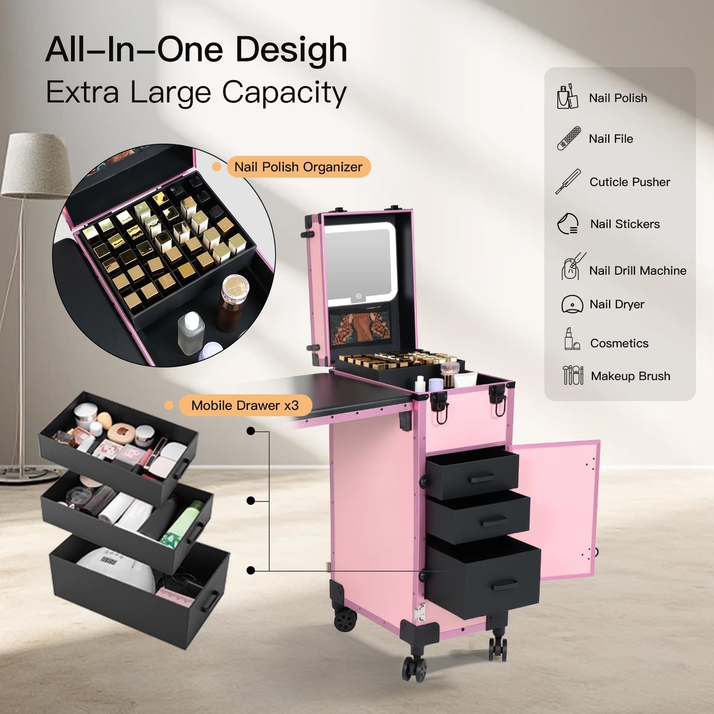 Rolling Portable Manicure Table with 3 Drawers, Lockable Makeup Train Case with Detachable Mirror, Foldable Nail Desk with Wheels & Handle, Mesa de Uñas Profesional para Nail Techs & Salon Use, Pink