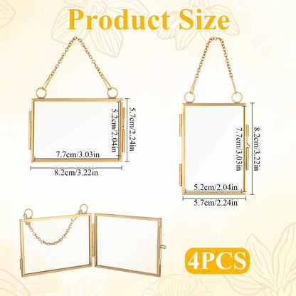 4Pcs Double Glass Frame for Pressed Flowers, 2x3 inch Brass Clear Pressed Flower Decor with Chain, Gold Floating Hanging Photo Frame, Horizontal Vertical Frames for Specimen Artwork Display Decor