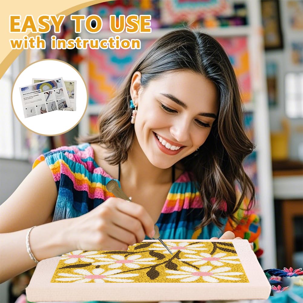 Doodlream Daisy Flowers DIY Punch Needle Embroidery Kit for Adult Beginner, 9.4" Floral Punch Stitching Craft Set for Starter with Frame, Fabric Pattern, Threader, Yarn, Pinch Needle