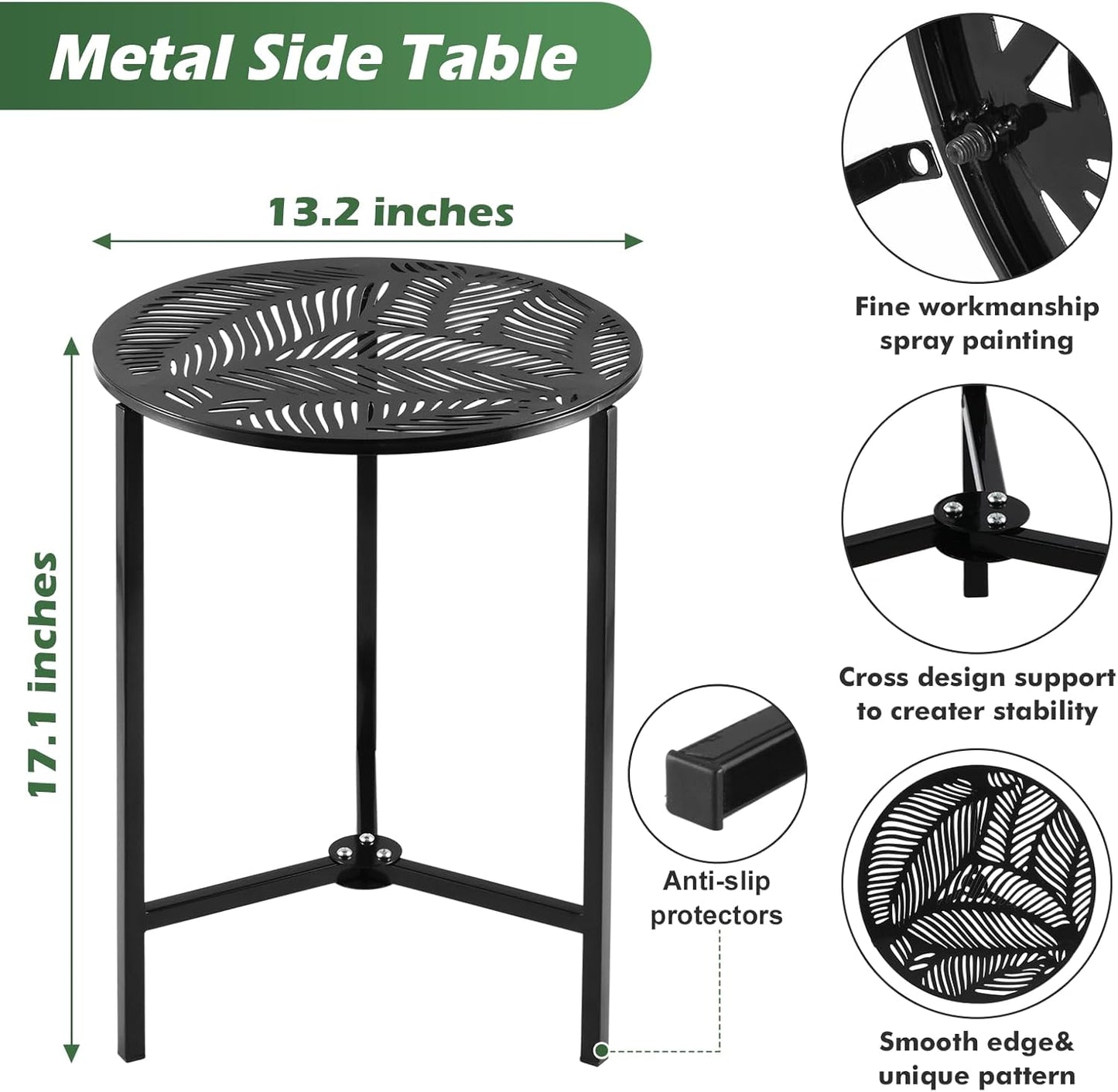 1-Pack 13-Inch Party Zealot Small Round Metal Side Tables, Black Outdoor End Tables for Patio, Balcony, Porch or Garden