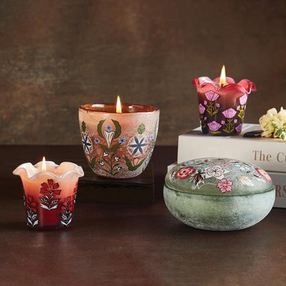47th & Main Scented Candles Hand-Painted Floral Glass Candle, 3.25" Dia x 3" H, Goji Berry