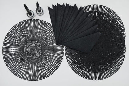 16" Round Placemats (Set of 4), 12 Prefolded 3 ply Napkins, 2 Matching Taper Candles, 2 Glass Candle Holders (Silver)