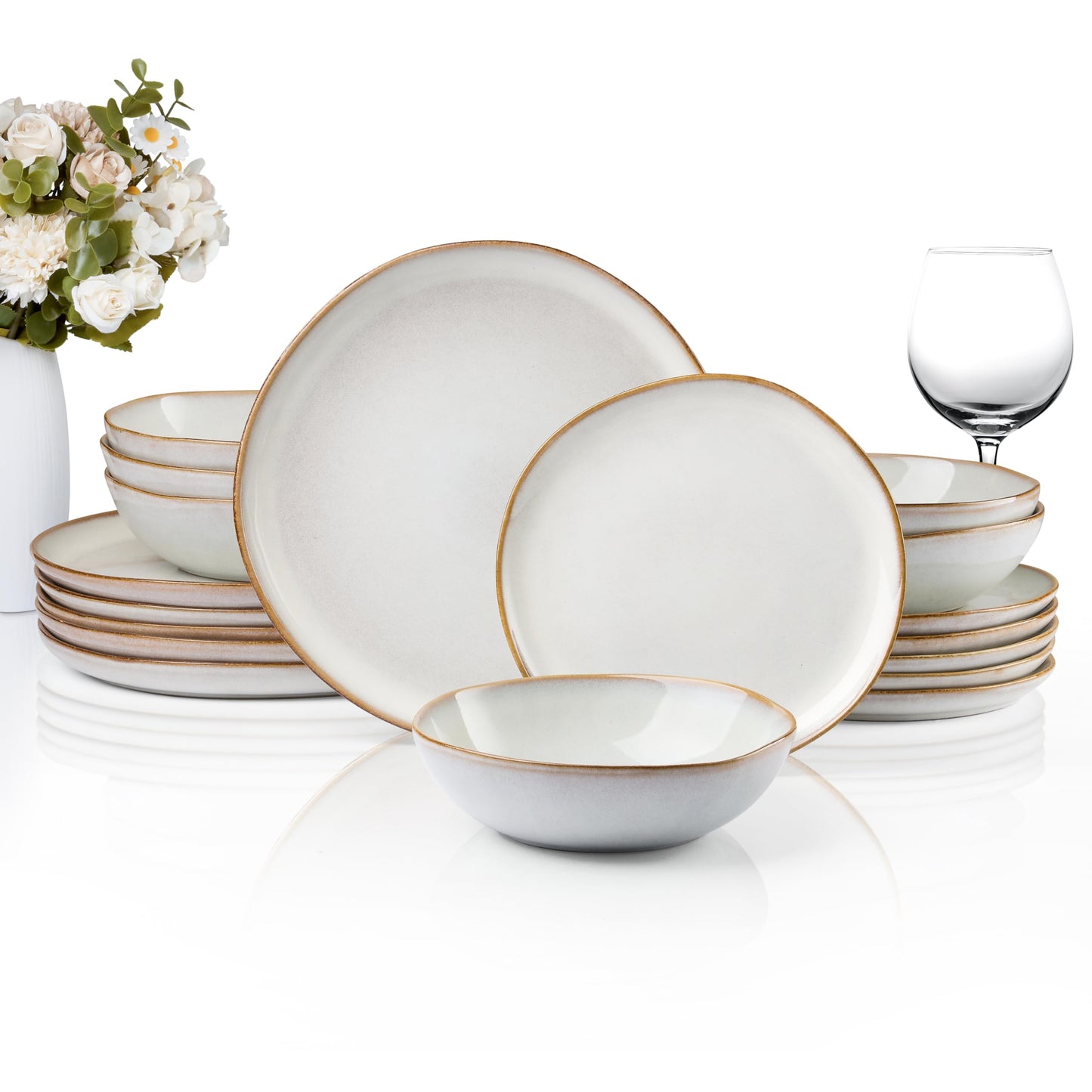 HaWare Plates and Bowls Set, Stoneware Dinnerware Sets, 18-Piece Hand-painted Dishware for 6, Scratch Resistant Ceramic Dinner Set for Home Kitchen, Microwave and Dishwasher Safe, Reactive Pearl White