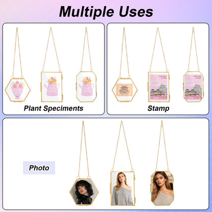 AHQiZFX 6 Pcs Pressed Flower Frames, Double Glass Hanging Picture Frame With Chain, 3 Styles Gold Brass Floating Frame for Dried Flowers, Artwork, Photos, DIY Home Wall Art, Horizontal Vertical
