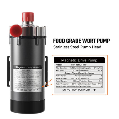 Hilangsan Wort Pump High Temp Brewing Pump Food Grade Pump Stainless Steel Head brew Pump Homebrew pump Magnetic Drive Pump Wort Transfer Pump with Inline Switch Mini Valve Quick Disconnects(gray)