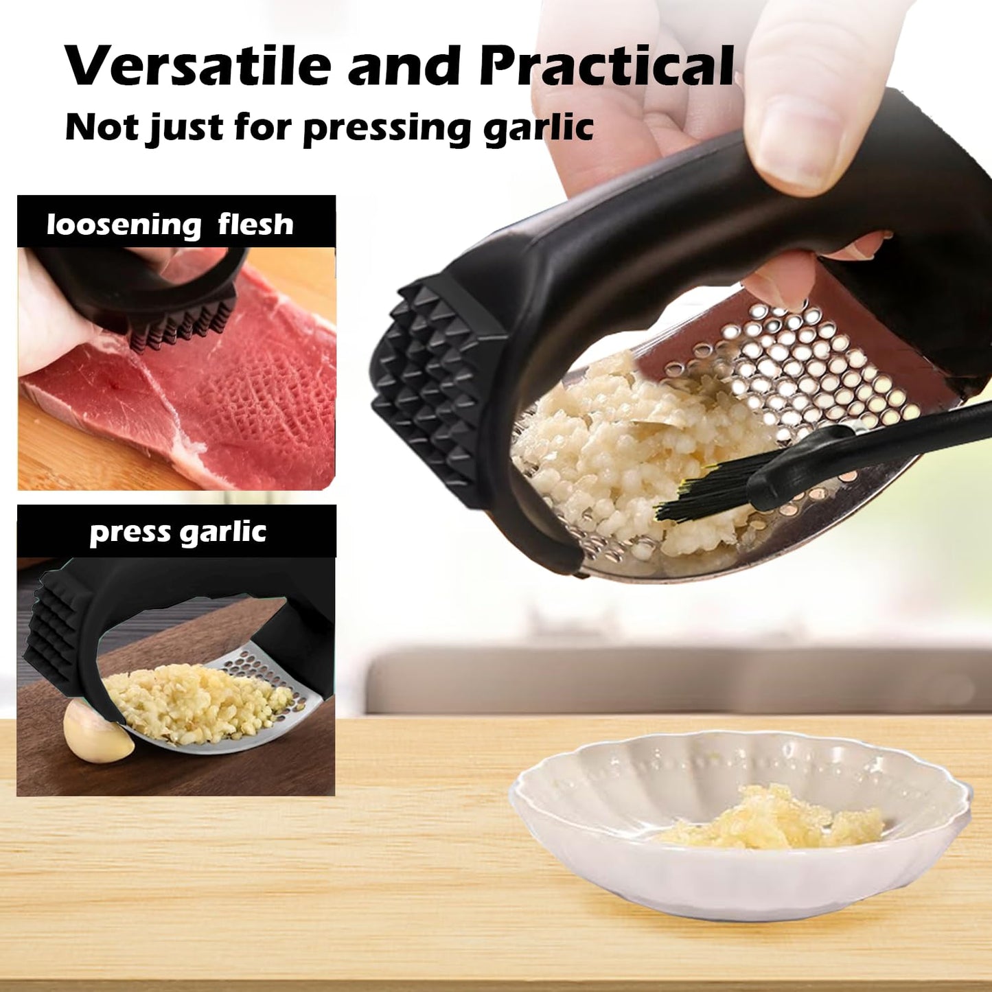 FATUXZ Garlic Press Rocker Set，Stainless Steel Garlic Mincer Tool with Garlic Peeler and Cleaning Brush Kitchen Gadgets Essentials Garlic Chopper