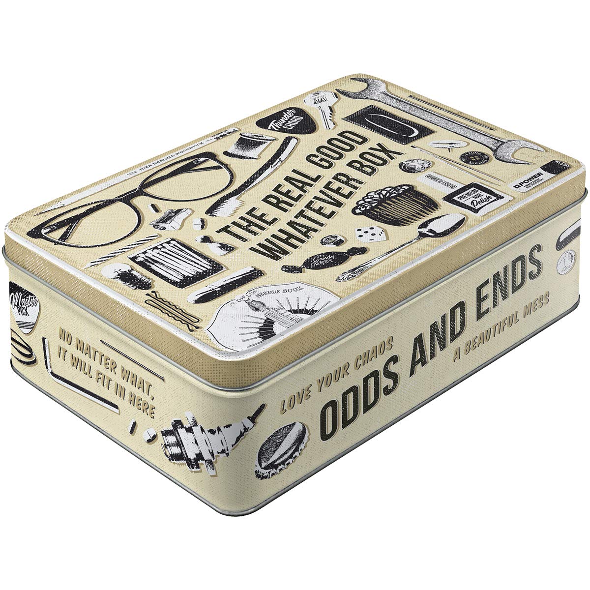 Nostalgic-Art Retro storage tin box flat, 84.5 oz, Whatever Odds & Ends Box – Gift idea for your home, metal can with lid, vintage design