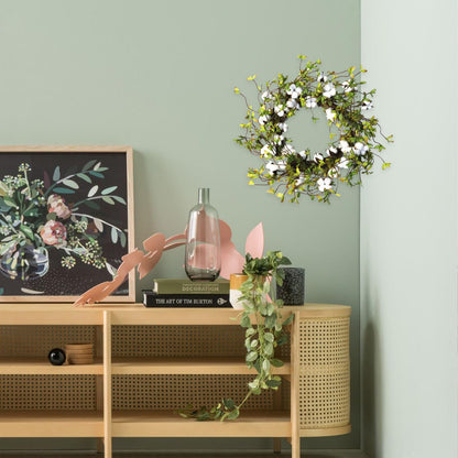 idyllic Green Leaves and Cotton Wreath for Front Door, Artificial Wreath on a Natural Twig Base for Farmhouse, Garden, Wedding, Decor