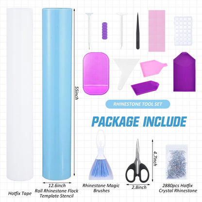 Sosation Rhinestone Flock Template Stencil Kit 1.5Yard Magic Sticky Flock and Heat Transfer Tape 2880pcs Crystal Rhinestone 1set Rhinestones Easy Picker for Hotfix Rhinestones Vinyl Cutting Machine