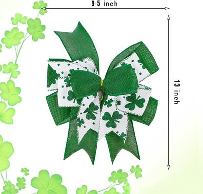 Clover Patrick's Day Wreath Bow - Green Shamrock DIY Holiday Ribbon Ornament | 9.5 x 13 Inch