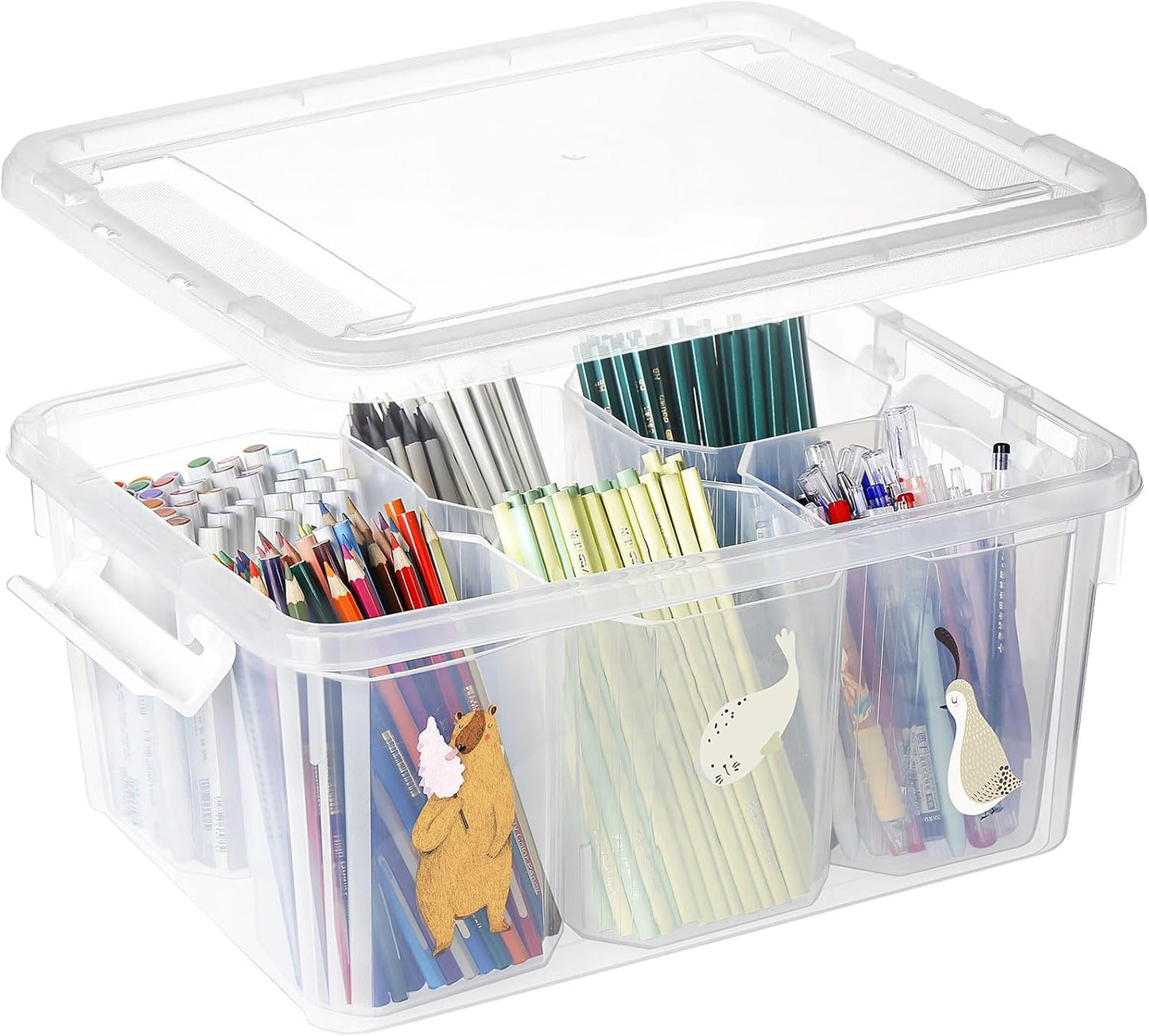 17QT 1 Pack (1 Pack) loobuu Plastic Storage Bins with Lids - Art Craft Supply Organizer Box with Brush Pot for Kids
