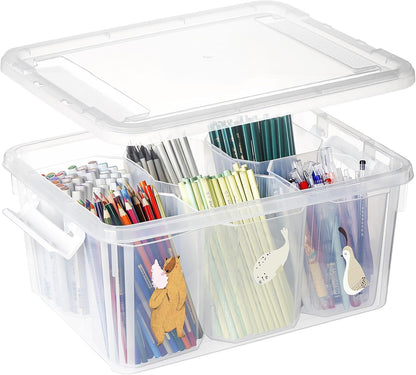 17QT 1 Pack (1 Pack) loobuu Plastic Storage Bins with Lids - Art Craft Supply Organizer Box with Brush Pot for Kids