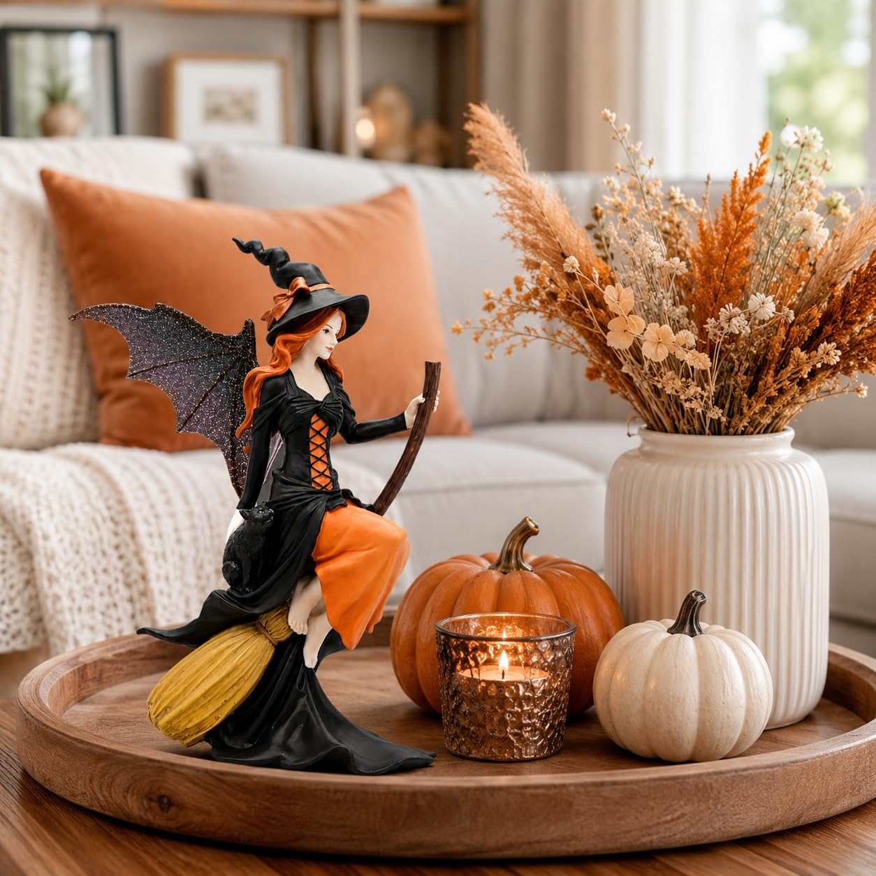 Comfy Hour 8" Gothic Fairy Witch Figurine on Broom, Fantasy Sorceress Statue with Mystical Wings, Spooky Halloween Indoor Decor Accent, Polyresin Artisan Crafted Sculpture, 1 Unit