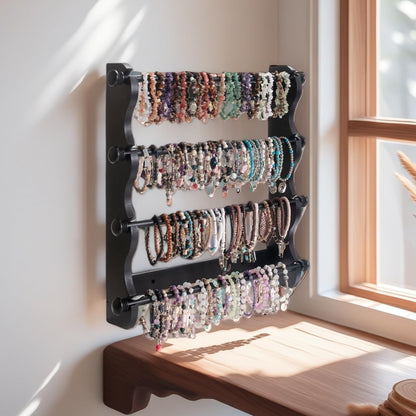 4-Tier Wooden Bracelet Holder Wall-Mounted – Black Jewelry Display Stand for Bracelets, Bangles, Watches– Rustic Wall Jewelry Organizer for Home, Store, or Craft Show – Bracelet Display Rack