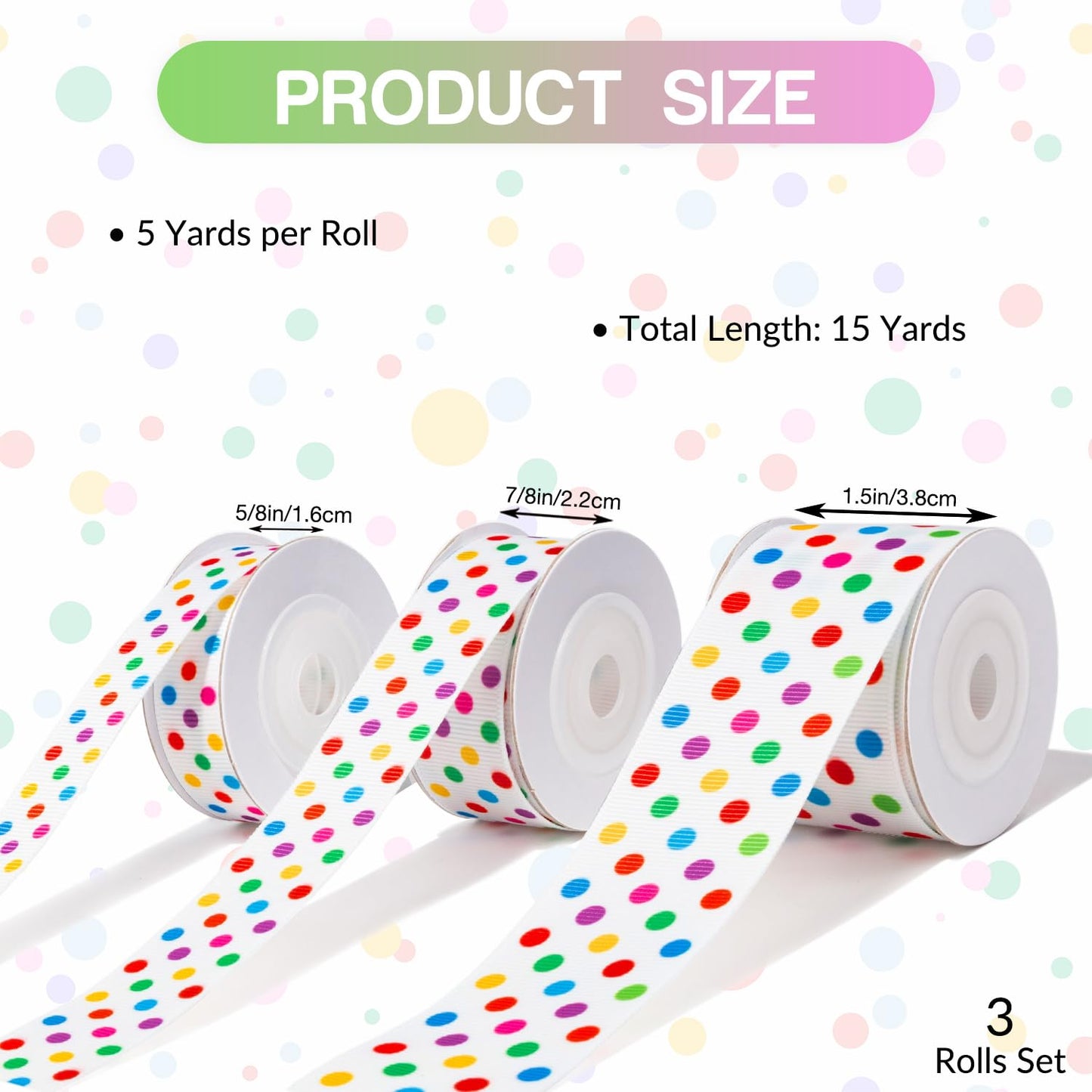 Polka Dot Ribbon Set 3 Rolls 5/8", 7/8", 1.5" Rainbow Colored Dot Grosgrain Ribbons for Gift Wrapping, Birthday Party, Baby Shower, Wreaths, Hair Bows, Banners, Candy Bags, DIY Crafts