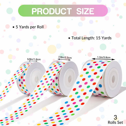 Polka Dot Ribbon Set 3 Rolls 5/8", 7/8", 1.5" Rainbow Colored Dot Grosgrain Ribbons for Gift Wrapping, Birthday Party, Baby Shower, Wreaths, Hair Bows, Banners, Candy Bags, DIY Crafts