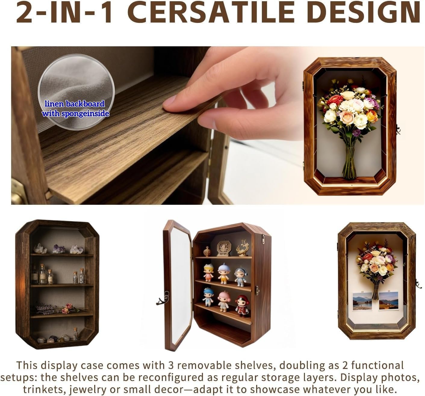 AMZWKT Shadow Box Frame, 10x16 Carbonized Brown Display Case with Linen Back & Detachable Shelves for Wedding Bouquet, Photos, Medals, Collectibles, Souvenirs & Home Wall Decor