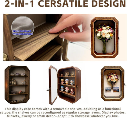 AMZWKT Shadow Box Frame, 10x16 Carbonized Brown Display Case with Linen Back & Detachable Shelves for Wedding Bouquet, Photos, Medals, Collectibles, Souvenirs & Home Wall Decor