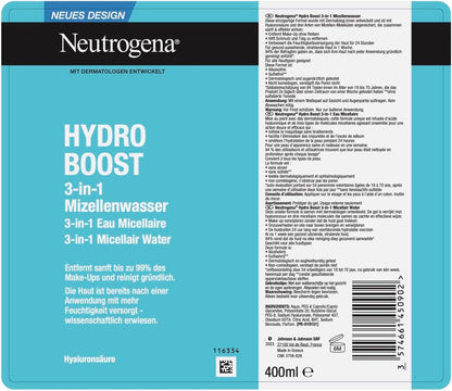 Neutrogena Hydro Boost Micellar Water, Effective Face Cleansing with Hyaluronic Acid, Gentle Makeup Remover, Moisturising Micellar Cleansing Water for All Skin Types (400 ml)